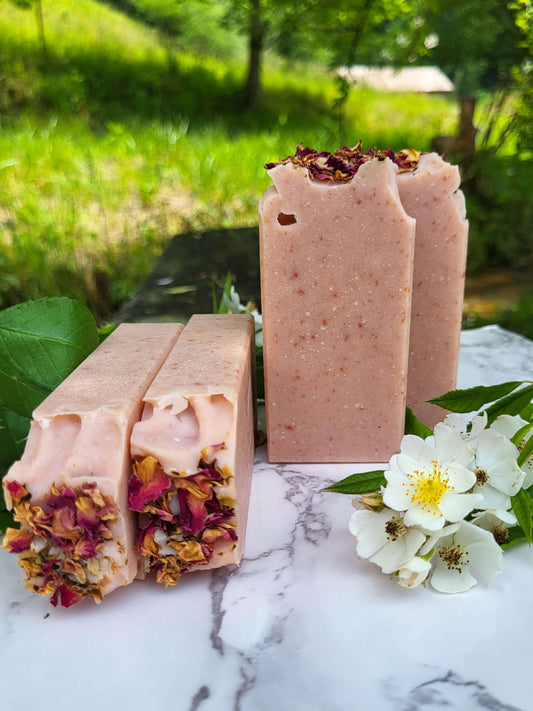 Wild Rose soap with fresh wild rose blossoms