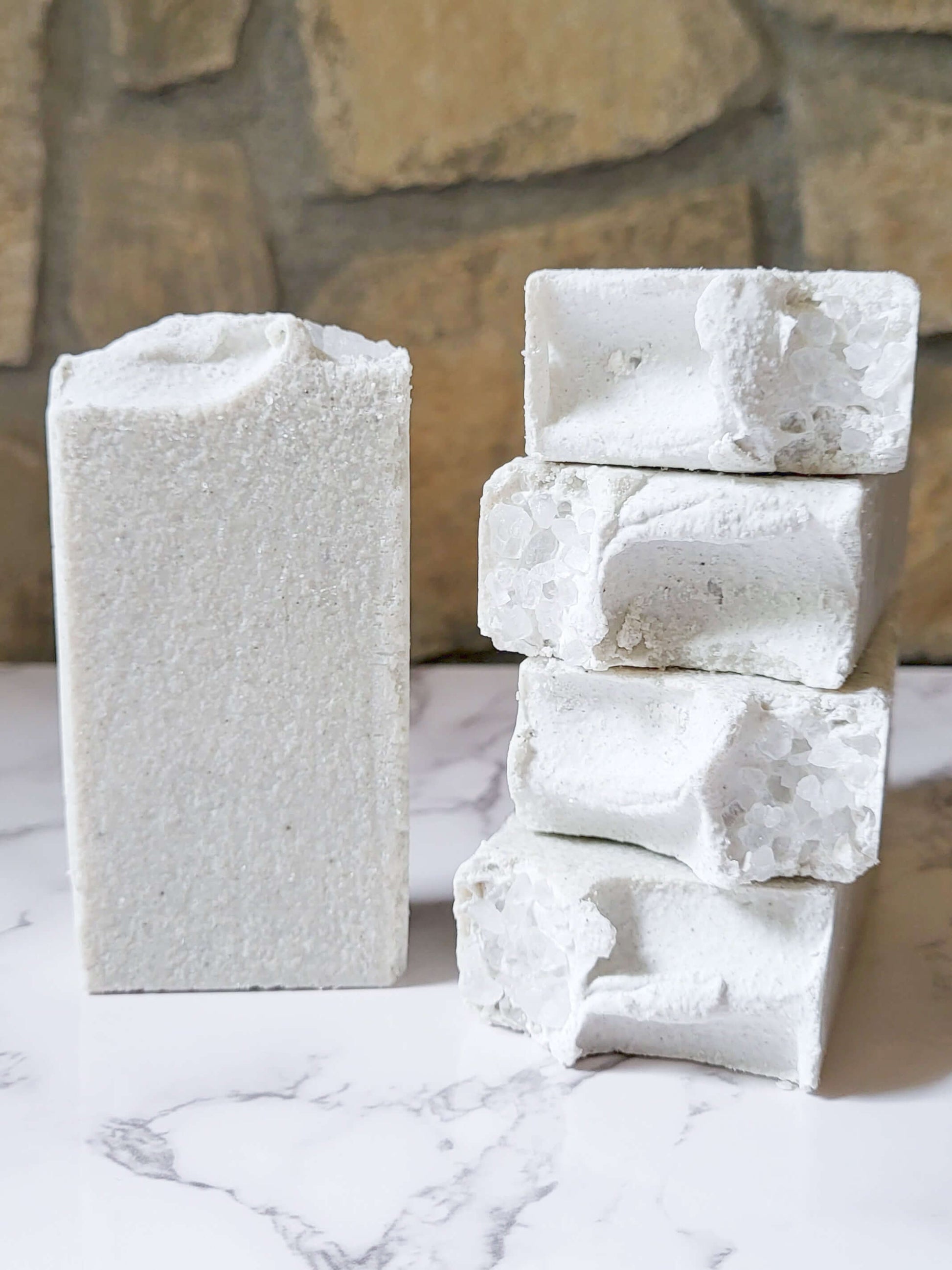Stack of luxury sea salt soaps with dead sea clay