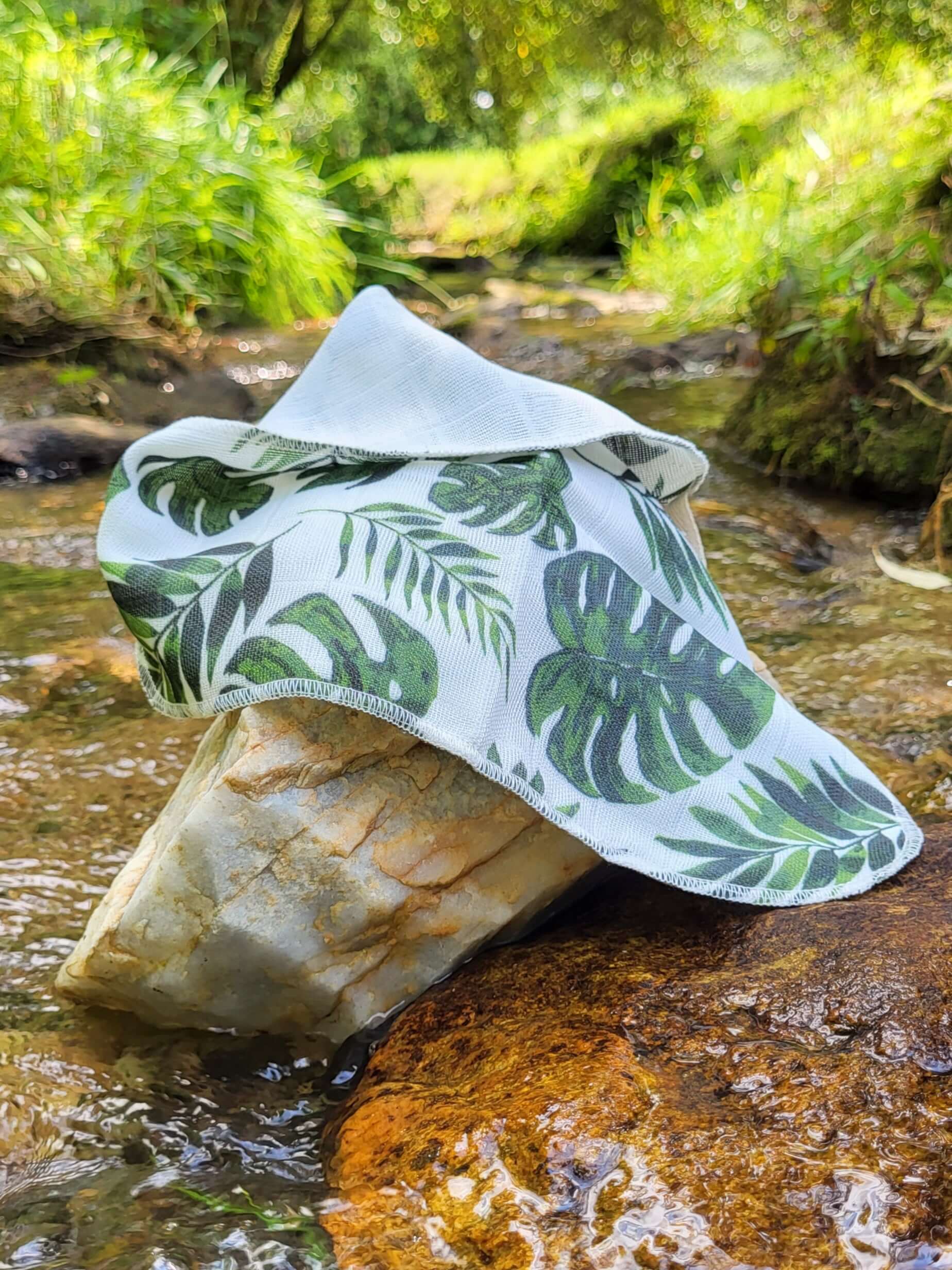 Organic cotton wash cloth in a creek