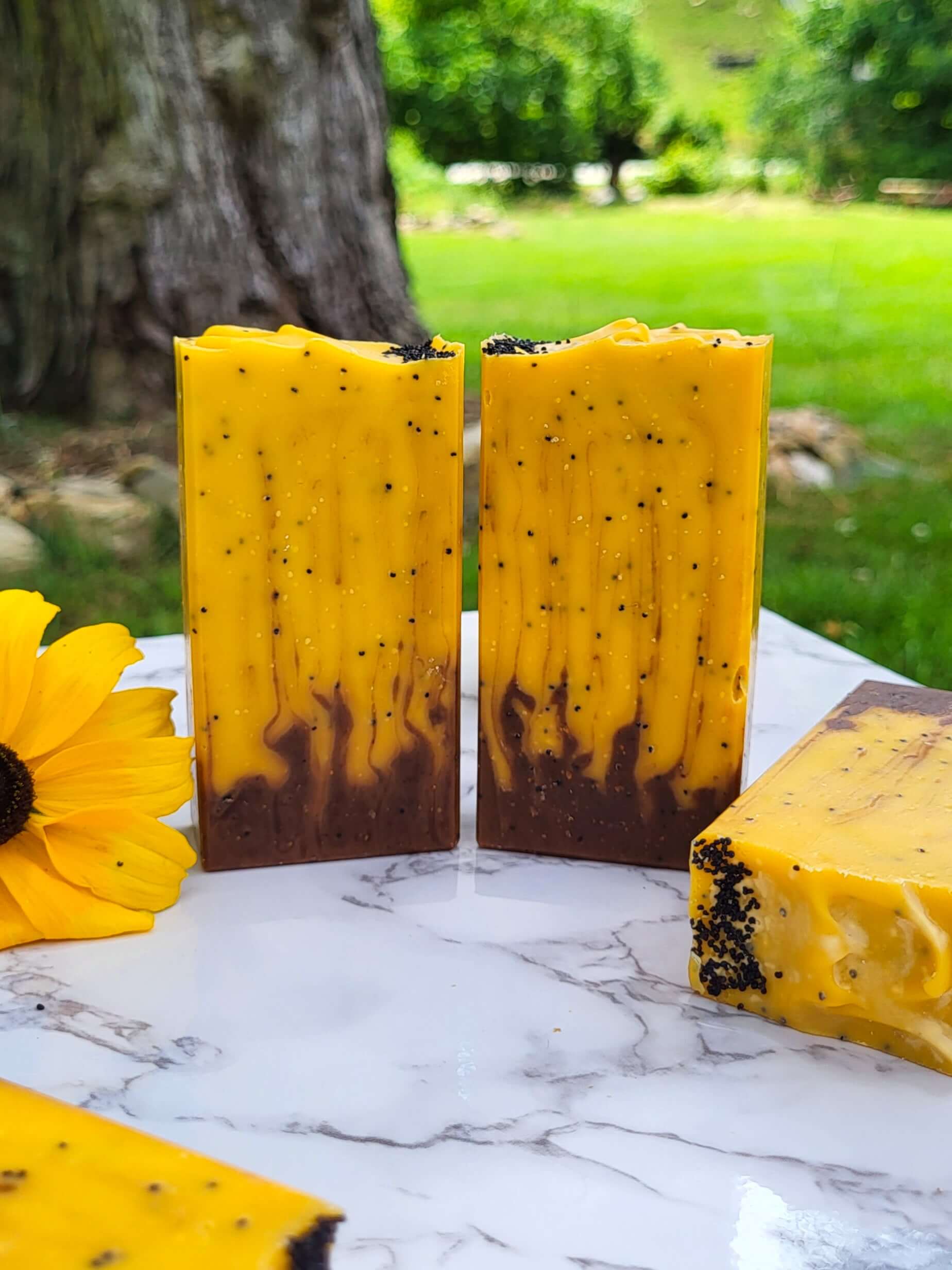 Cold process lard soaps that look like sunflowers
