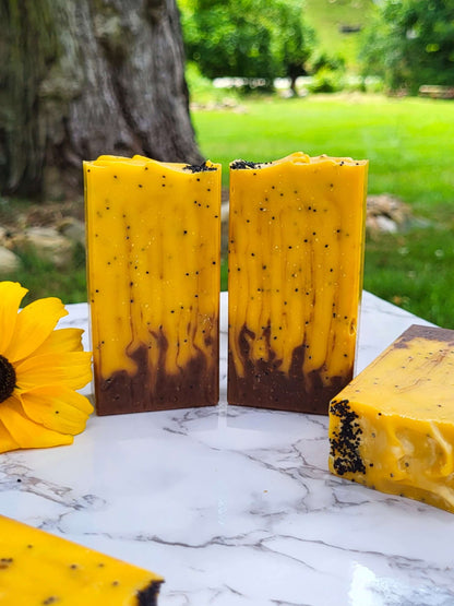Cold process lard soaps that look like sunflowers