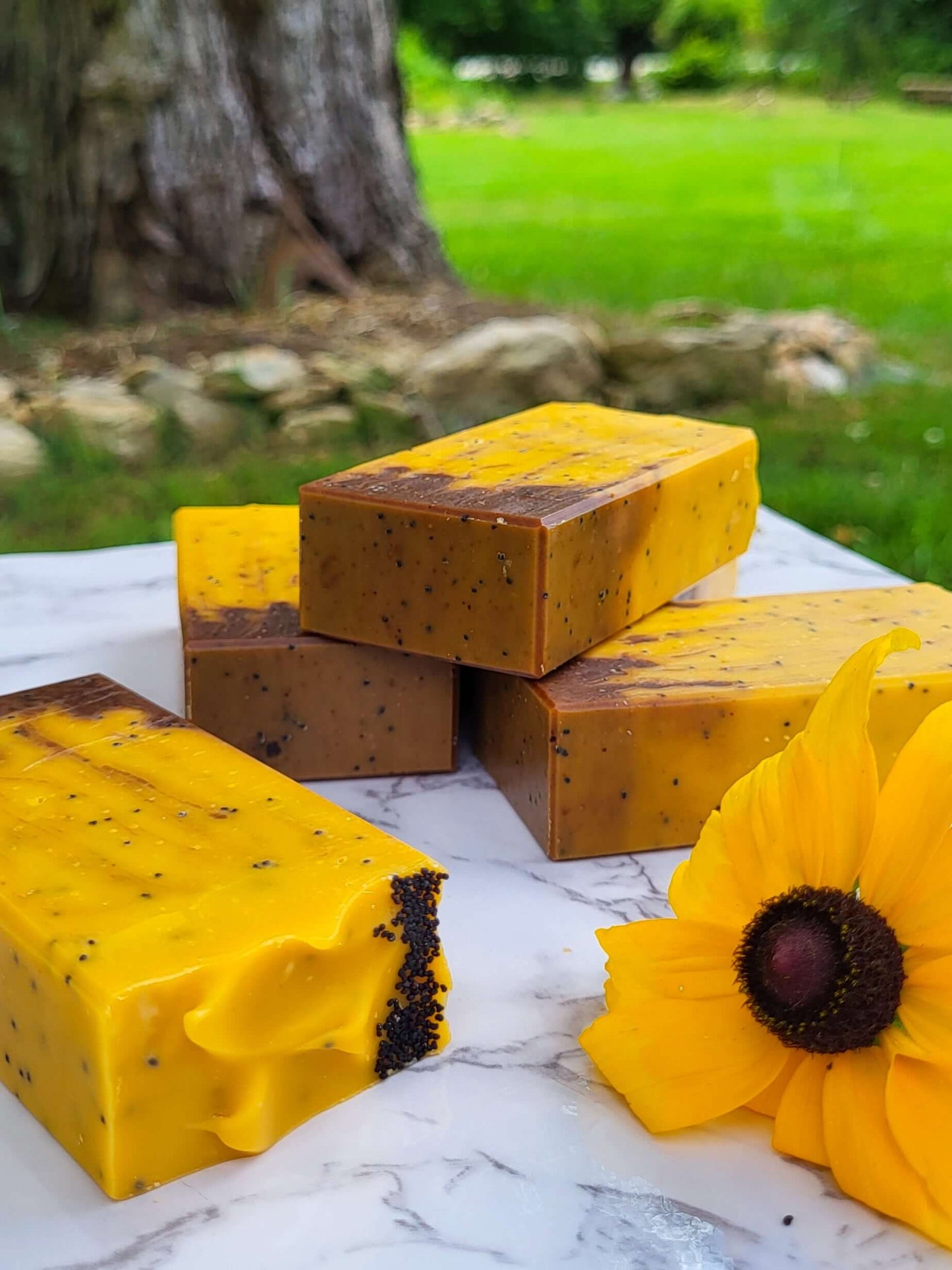 Yellow and brown cold process lard soaps that look like sunflowers